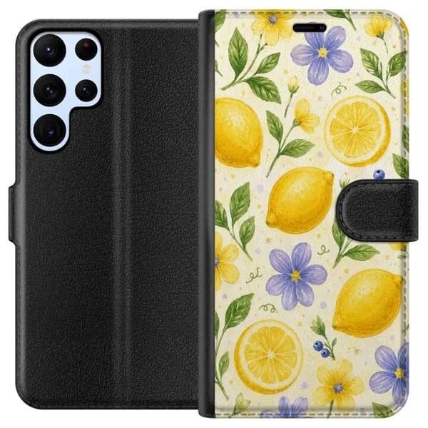 Kompatibel Tegnebogsetui til Samsung Galaxy S24 Ultra Vandfarve mønster med citroner, blomster og grønne blade i lyse sommerfarver.