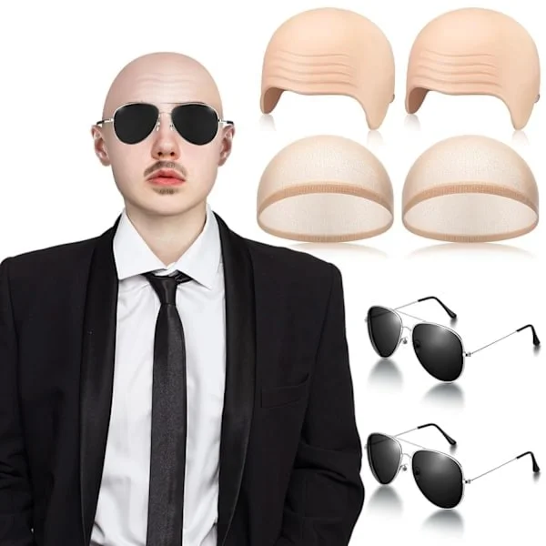Mr Worldwide Bald Cap & Solglasögon Set, Kändisikon Maskerad Pitbull Kostymtillbehör Set 2 Delar med Glasögon