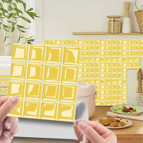 Självhäftande Väggplattor för Kök 20-pack Rektangulära Badrum Självhäftande Stänkskydd för Kök 3D Mosaik - PVC Självhäftande Väggplattor (Gul 10x10 cm