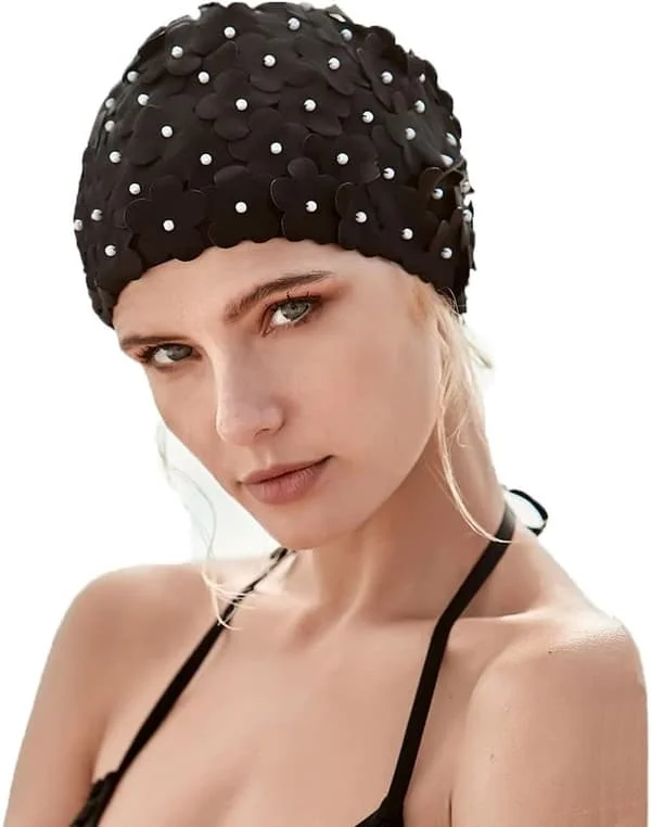 Black - Floral - Shower Cap - Women's Shower Cap - Ladies - Girls Shower Cap - Hair Cover - Swim Cap - Long - Hair - Reusable