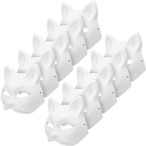 10 stk. Katte Masker til Maling, Dyrekostume Masker DIY Hvide Halvmasker til Maskerade Børn Cosplay Masker Kostumefest Favoriserer