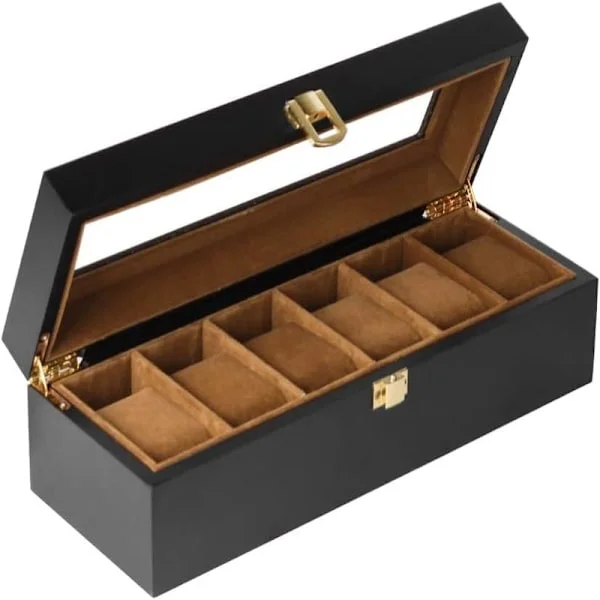 Men's Watch, Solid Wood Watch Display Storage Box Jewelry Organizer with Clear Lid (6 Compartments, 31*20*8 cm)