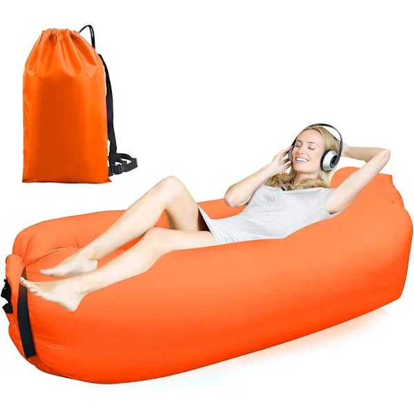 Uppblåsbar strandsoffa, uppblåsbar säng 200 x 70 cm, perfekt för camping och stranden, orange, polyester