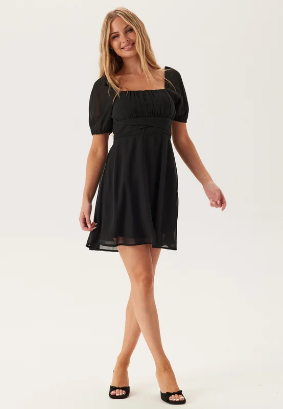 BUBBLEROOM-Square Neck S/S Georgette Dress-Black-36