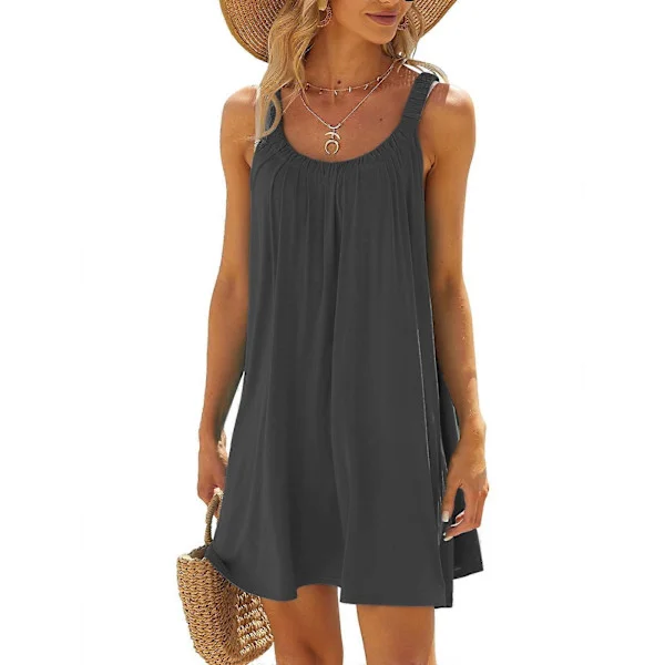 QLEICOM Dame Sommer Halter Mini Korte Kjoler Strand T-shirt Solkjole Ærmeløs Afslappet Løs Tank Kjole Mørkegrå M, US Størrelse: 6