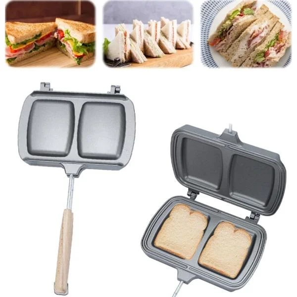 Reversible Sandwich Grill - Double-Sided Frying Pan - Contact Grill - Non-Stick Gas Toaster - Sandwich Plate - With Handle - Omelette Maker - Grey