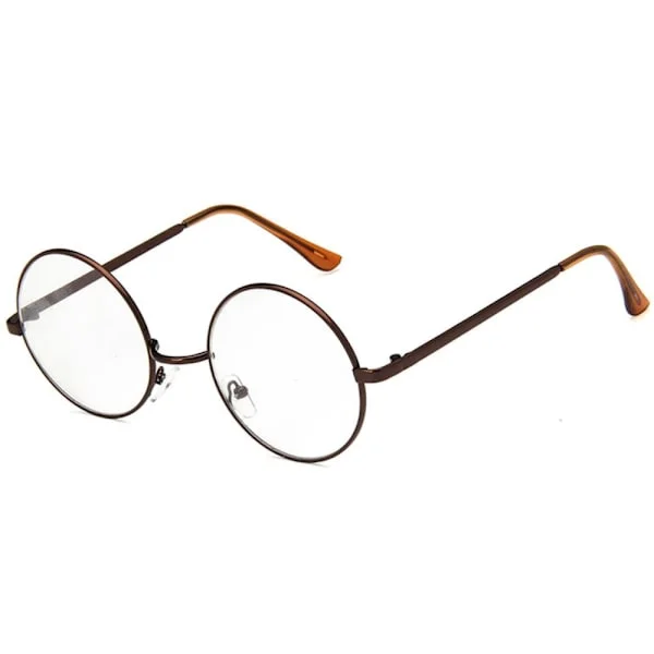 Bronsebrune runde briller med klart glass uten styrke