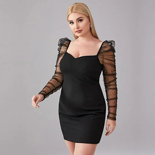 Höst Vinter Plus Size Dam Fyrkantig Krage Långärmad Väska Höft Mesh Enfärgade Klänningar L-4xll