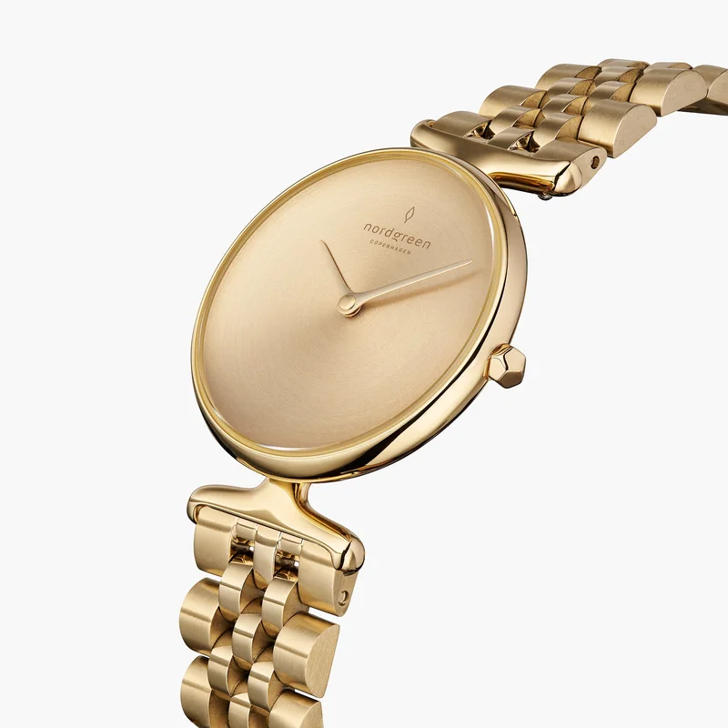 Nordgreen Women's Minimal Small Face Dress Watch - Gold Case - Brushed Metal Dial - 28mm Gold 5-link Strap White Dial Unika