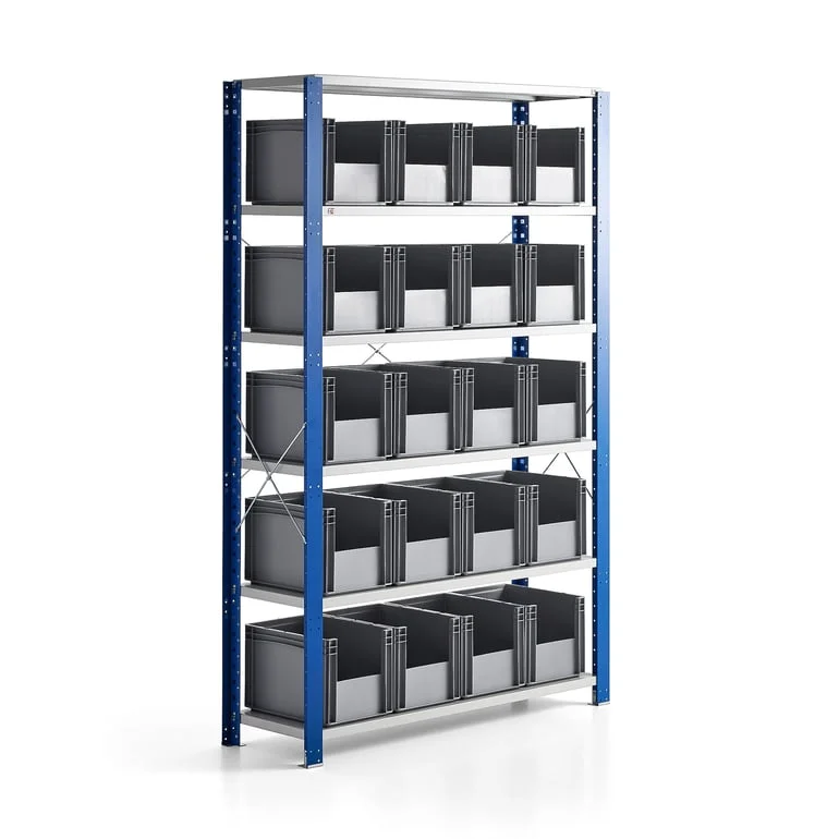 Widespan shelving FRASER + MIX with 20 plastic boxes, 2100x1365x400 mm
