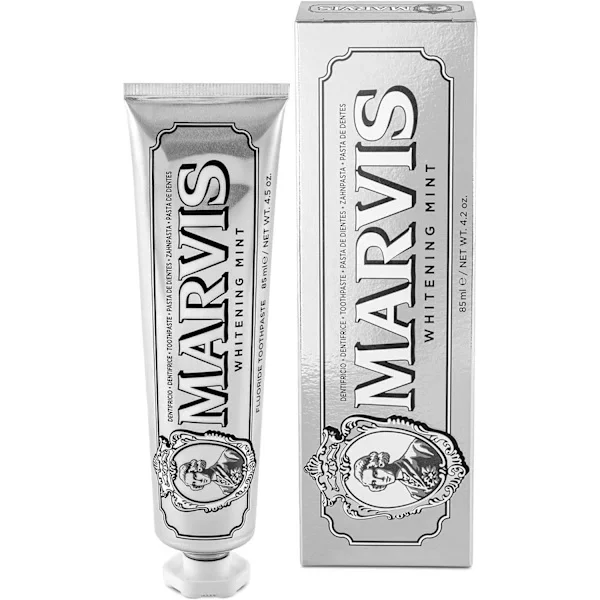 Marvis Whitening Toothpaste, Mint Flavor, 85ml, främjar naturlig tandblekning, bekämpar plack och ger långvarig fräsch andedräkt.