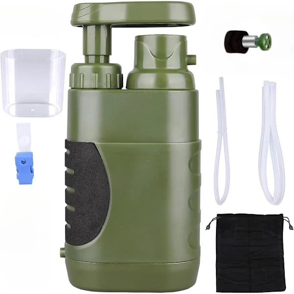 Emergency Water Purification, kit includes a portable manual water pump and a water filter, capable of purifying up to 3,000 liters of water.