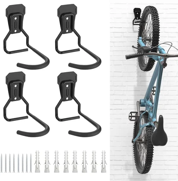 Bike Hooks, Iron Bike Hangers, Heavy Duty L-Shaped Bike Storage Wall Mounts, Black
