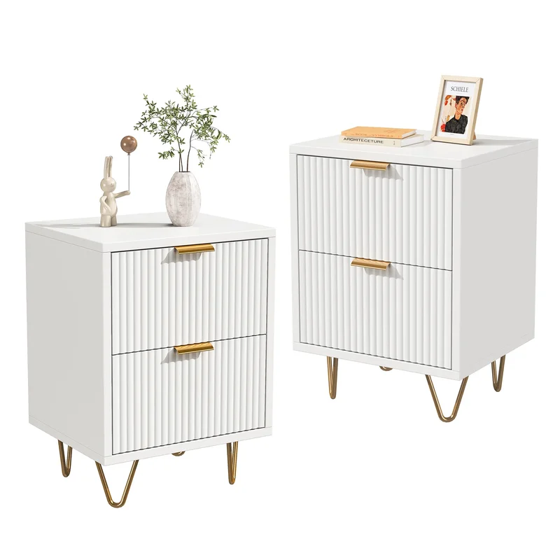 AliExpress - FANGANGE Witte nachtkastjes, set van 2, nachtkastjes met golfpatroon en 2 laden, nachtkastjes met gouden metalen poten, voor slaapkamer