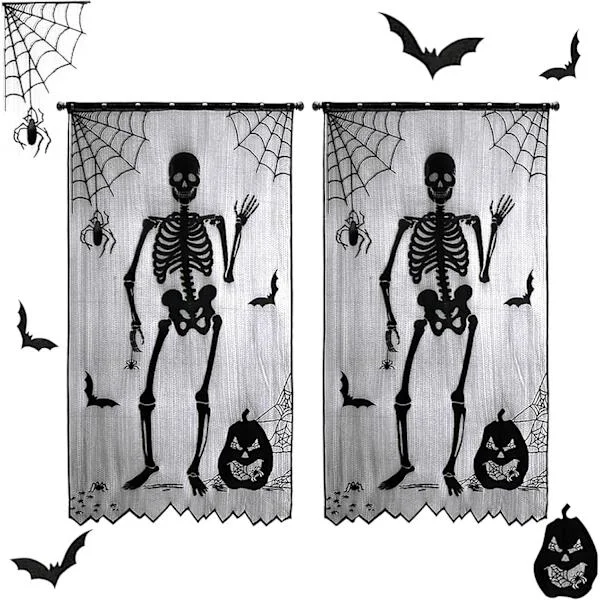 213x102cm Halloween-verhot, 2 kpl luuranko lepakoita hämähäkinverkko verhot