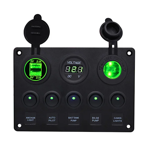 Grønn bakgrunnsbelyst 5-gjengs multifunksjons vippebryter Dual USB-lader + digital voltmeter + 12V uttak forhåndskablet bryterpanel