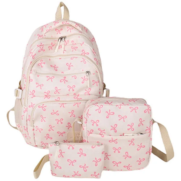 Printed Backpack for Girls - Student Backpack - Cute Bow Three-Piece Backpack Set - Suitable for Travel, School, and Commuting (Pink)-FQ-