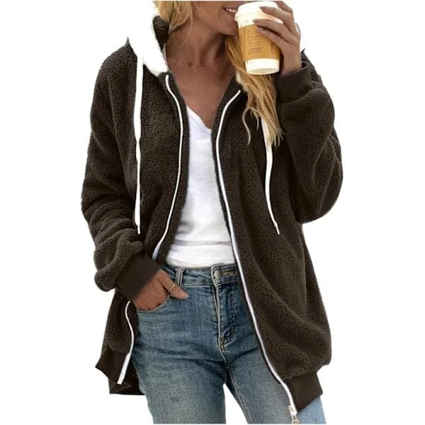 Luvjacka dam teddy fleece kappa övergångsjacka med huva med fickor dragkedja höst vinter plyschjacka fleecejacka vinter L J Wine