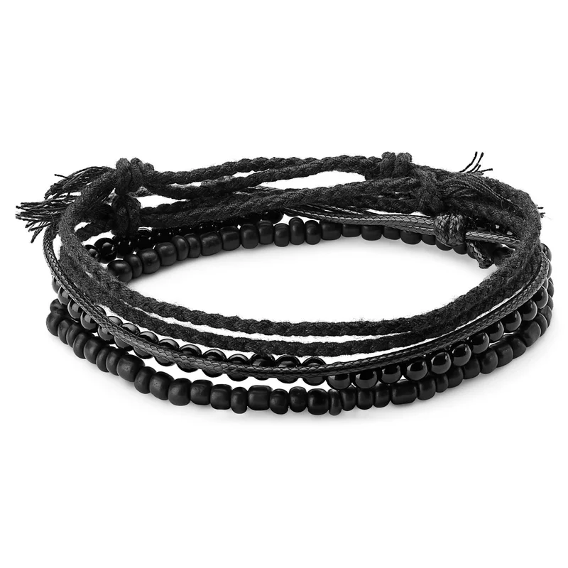 Armbandenset van Zwarte Onyx, Katoen en Leer voor mannen - Kralenarmbanden