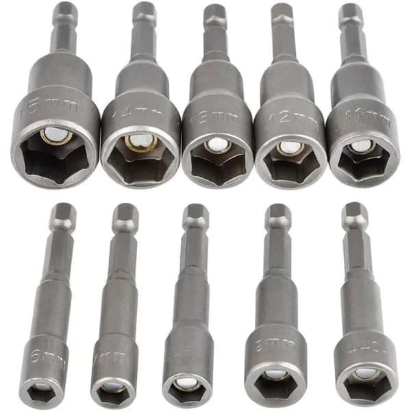 10 stk Magnetiske Pipenøkler Hexbits 6-15mm Slagtrekker Magnetisk Pipenøkkel Hexbits Sett 1/4 Magnetisk Pipenøkkel Hexbits Adapter Verktøy