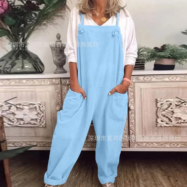 Dame Overalls Dungarees Romper Baggy Playsuit Bomull Lin Jumpsuit