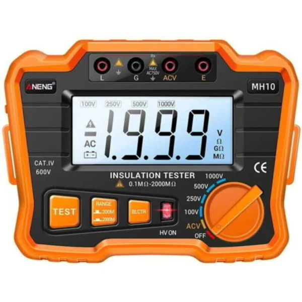 Digitaalinen eristysvastusmittari 0.1 MΩ-2000 MΩ – LCD-taustavalaistu megohmimittari – lähtöjännite 100/250/500/1000 V – AC-eristysvastus