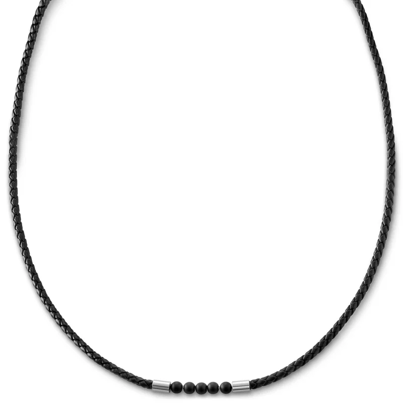 Tenvis | 3 mm Silver-tone Onyx Leather Necklace for Men - Leather necklaces
