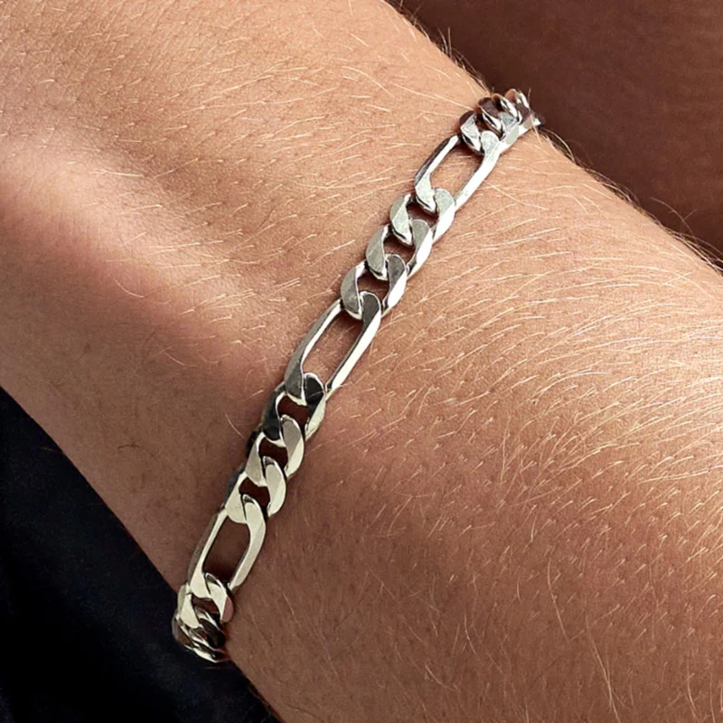 Argentia | 925s | 6mm Rhodium-Plated Sterling Silver Figaro Chain Bracelet for Men - Steel bracelets