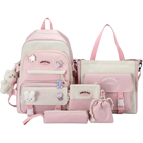 5-pack Kawaii Backpack Set with Bear Pendant, Back to School Supplies, Cute Rabbit Brooches Large Canvas School Bag with Handbag (pink)