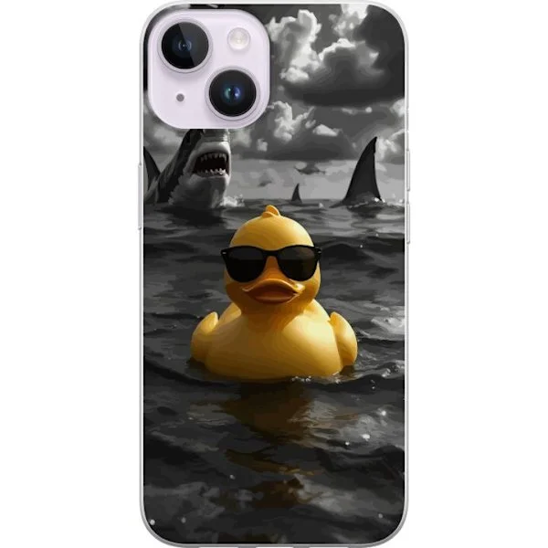 Kompatibel Mobilcover til Apple iPhone 15 En sej gul badeand med solbriller flyder roligt i havet mens hajer svømmer rundt i dramatiskt vand og mørke