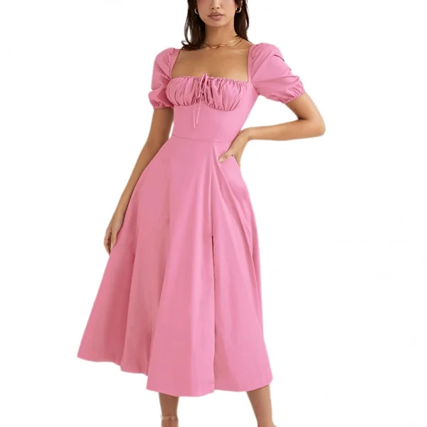 [RM]Women's Summer Dresses French Retro Solid Color Square Collar Hem Sexy Silk Slit Bubble Sleeve Dress (Pink S)
