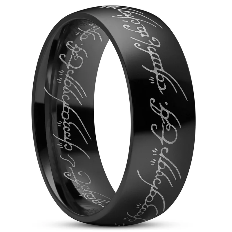Sentio | Anillo de acero inoxidable negro con escritura élfica en dorado para hombres - Anillos de acero