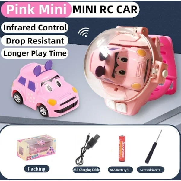Klokke med fjernkontroll bil leketøy Mini 2,4 GHz fjernkontroll bil klokke Barn Morsomme oppladbare leker Barn Gutter Jenter Leker Rosa mini