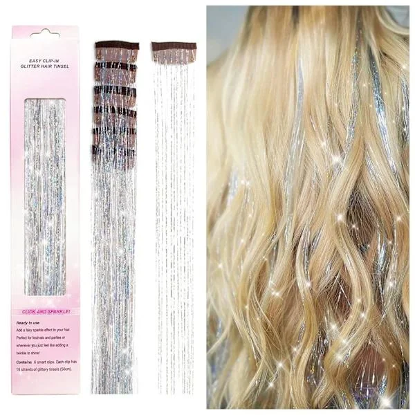 Clip in Hair Tinsel Kit, 6 kpl Glitter Fairy Tinsel Hiustenpidennykset 20 tuumaa Kiiltävät Hiustinselit Lämmönkestävät (Hopea)