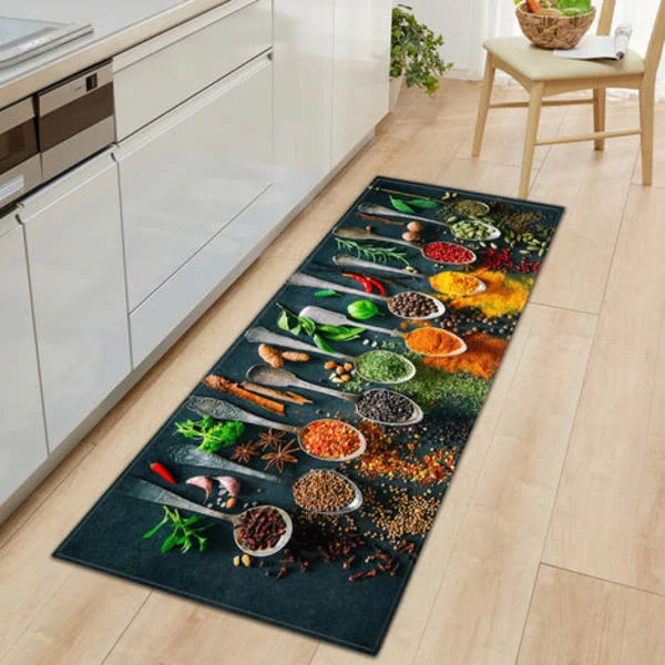 Kitchen Mat, Dishes & Spices 60 x 180cm Front Washable Non-Slip Comfort Bathroom Mat Doormat Kitchen Floor Mat-FA7-