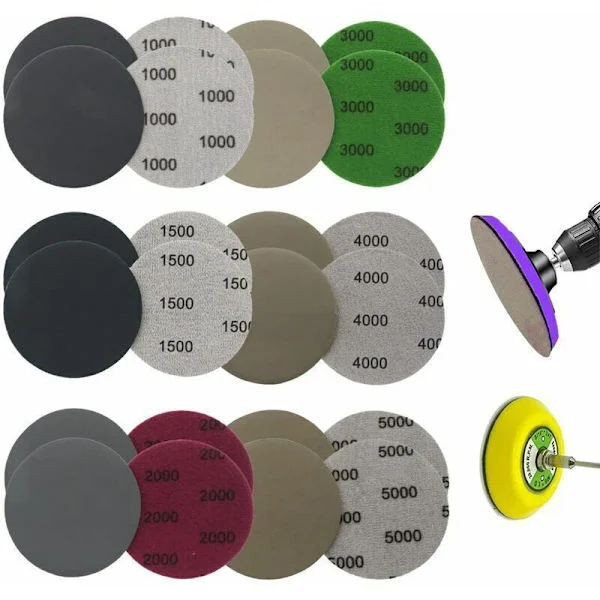 Set med 24 Slippapper, Runda Slippapper, 75mm Haken och Slinga Slippapper, Våta och Torra Slippapper 1000/1500/2000/3000/4000/5000 för Flockning, Sa