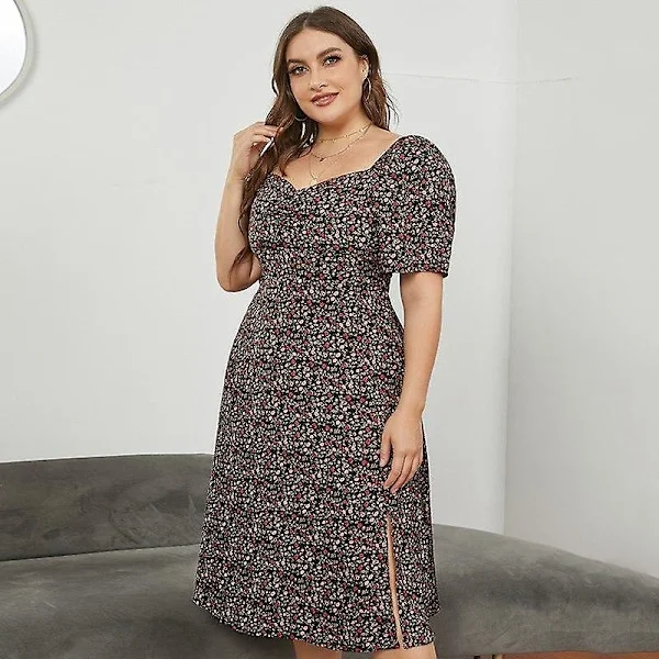 Sommarklänning för kvinnor i stora storlekar, fransk fyrkantig halsringning, slits i midjan, lång blommig klänning Xl-5xl