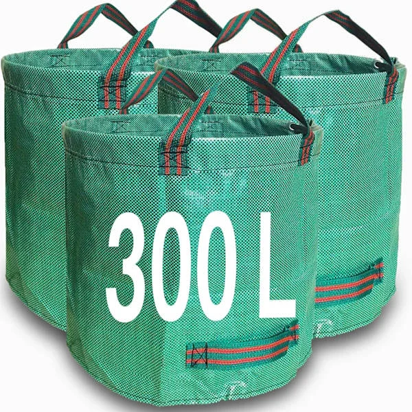 Kraftiga trädgårdsavfallspåsar 300 liter - 3 säckar återanvändbara byggsäckar - Industriellt tyg och handtag - Gröna/trädgårdsavfallssäckar