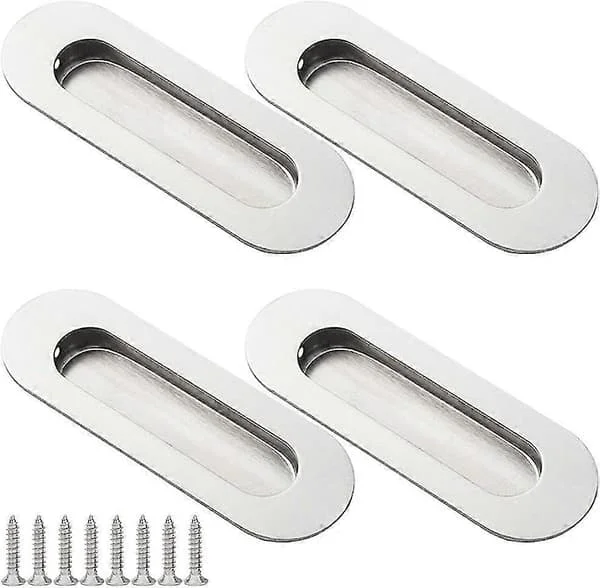 4 Pieces Sliding Door Handle Oval Recessed Handle Bowl Handle Stainless Steel Flush Door Handle with Screws for Cabinet Sliding Doors Silver