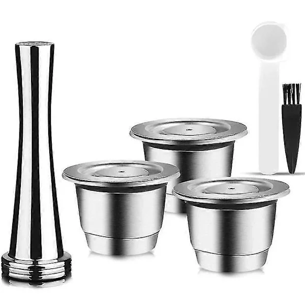 Genanvendelige kaffekapsler i rustfrit stål, genopfyldelige pods til Nespresso med tamper, ske og børste, hjemmebrygning af kaffe, sølv, 3-pak