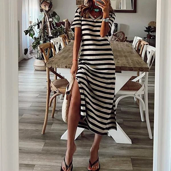 Summer Dress Casual Women's Fashion Short Sleeve Maxi Dress T-Shirt Dress Striped Long Color Block Maxi Dress