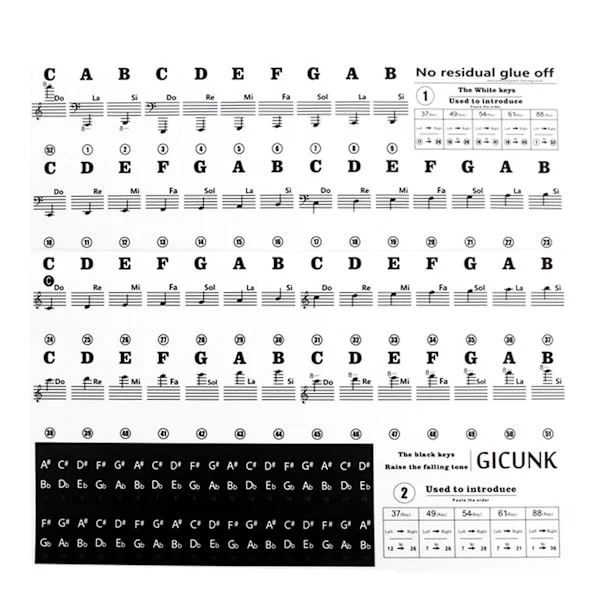 Pianotastaturklistremerker for 88/61/54/49/37 tangenter Pianotastaturklistremerker Avtakbare tastaturbrev-klistremerker Piano Gjennomsiktig 