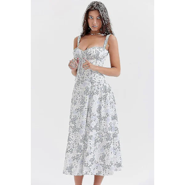Blomstrete Boho Midi Bustier Kjole Dame Carmen Trykk Sommer Strand Swing Kjoler