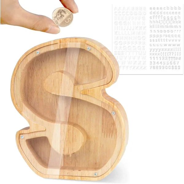 Personalized Piggy Bank for Kids with Letters A to Z Transparent Wooden Piggy Bank with Letters Decorative Money Box Creative Money Box for Kids