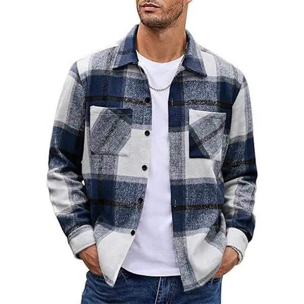 Mænd Flannel Skjorte Casual Knap-Ned Ternede Skjorte Jakke Blå