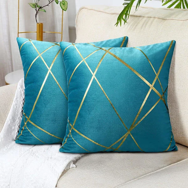 Grön soffuppsättning med 2 (utan kuddfodral) Sammet Kuddfodral 45 x 45 cm Kudde Dekorativt Kuddfodral Guldlinje Geometrisk Kudde Vardagsrum B