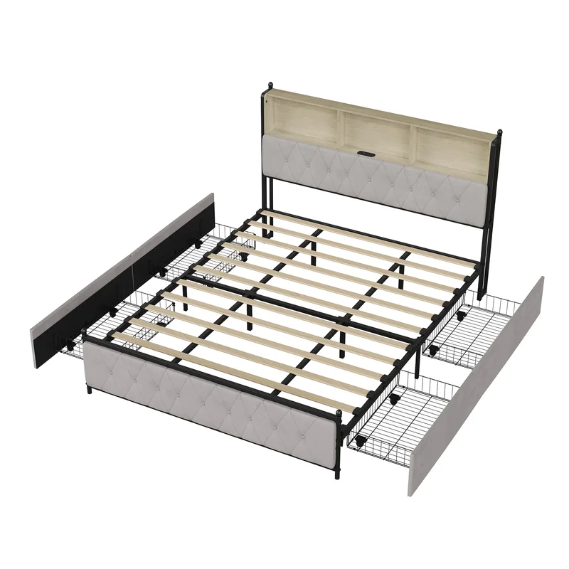 AliExpress - Superaly gestoffeerd tweepersoonsbed met 4 opberglades 140x200cm/160x200cm/180x200cm, LED-hoofdbord met USB-oplaadpoort