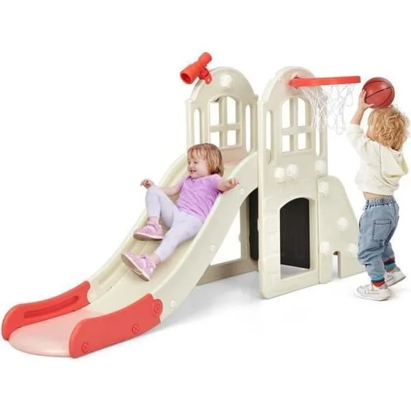 COSTWAY 6 i 1 rutschkana för barn - 140 cm rutschkana, 3-8 år rutschkana inomhus och utomhus Rosa