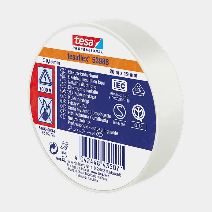 Elektrische tape Tesa, 19 mm x 20 meter, wit