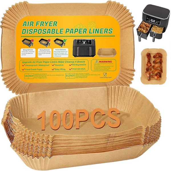 Engangs papirforinger til airfryer for Ninja Dual Airfryer, 100 STK rektangulære airfryer bakepapirark for Ninja